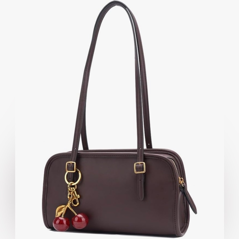 Vegan Leather Designer Inspired Swing Shoulder Bag Maple with Cherry Bag Charm